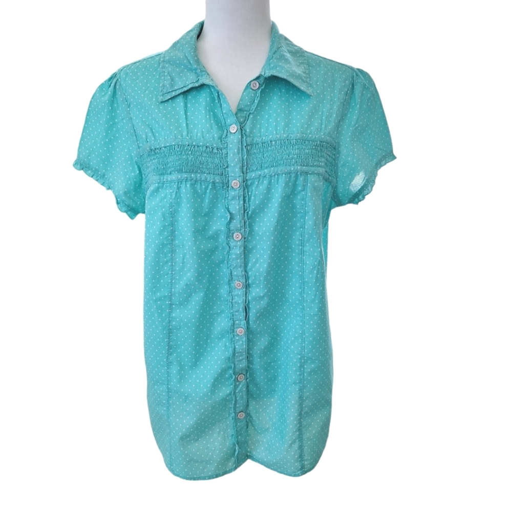 Torrid Aqua White Polka Dot Smocked Cotton Cap Sleeve Peplum Blouse Top Plus 1X
